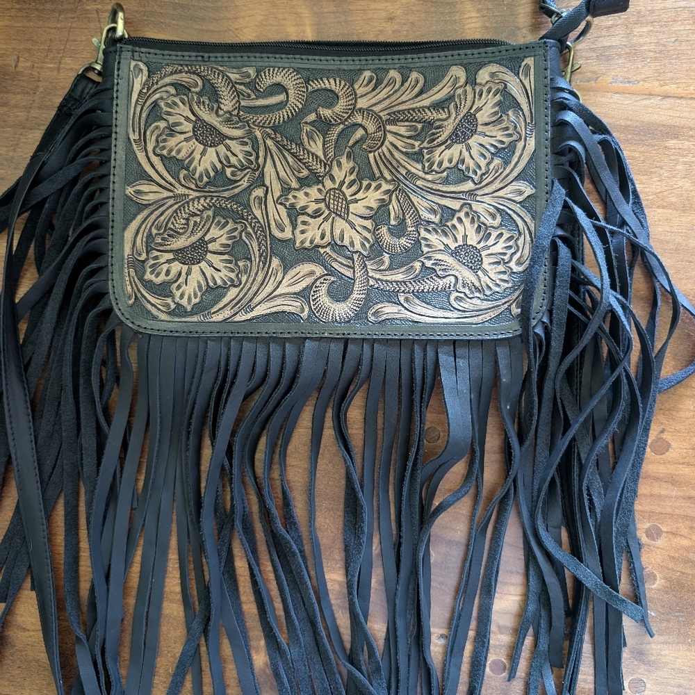Black Fringe Leather Women's Western Bag